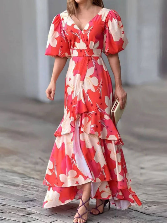 V-Neck Printed Layered Maxi Dress Short Puff Sleeve High Waist Ruffle Hem