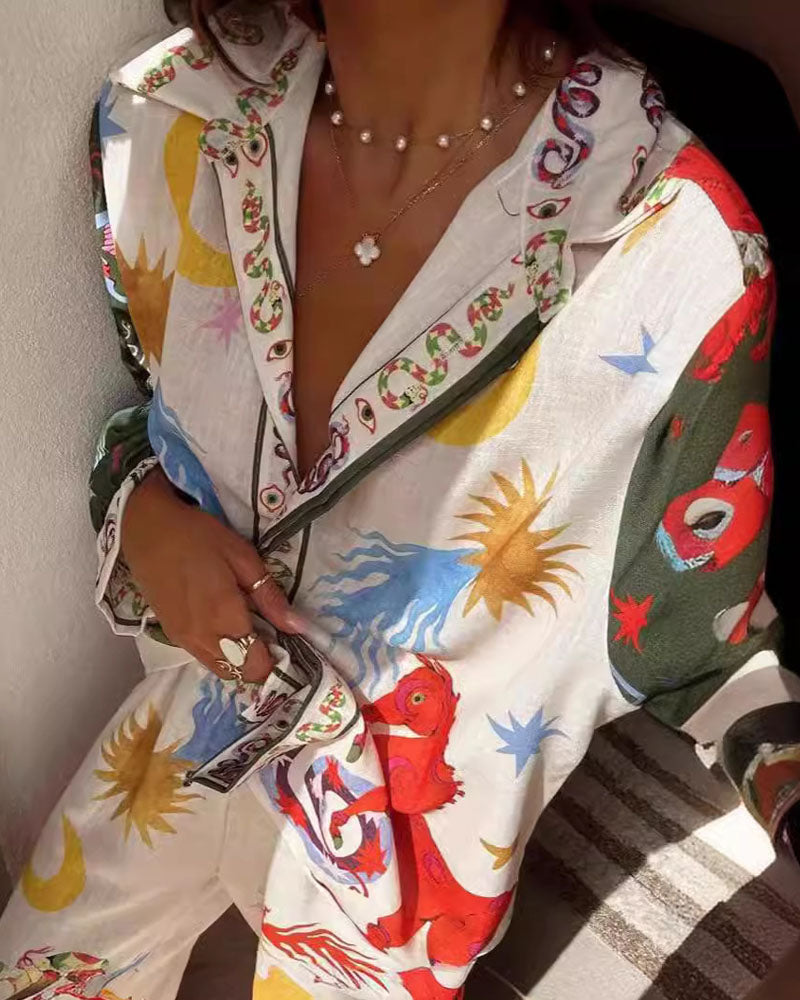 Printed Linen Long Sleeve Button Down Shirt