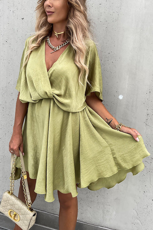 V-Neck Batwing Sleeve Satin Mini Dress