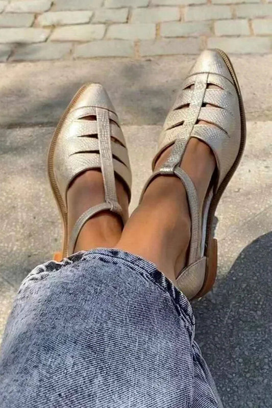 Pointed Toe Hollow Out T-Strap Buckle Flats
