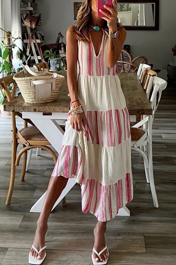 Linen Blend Ethnic Print A-line Midi Dress