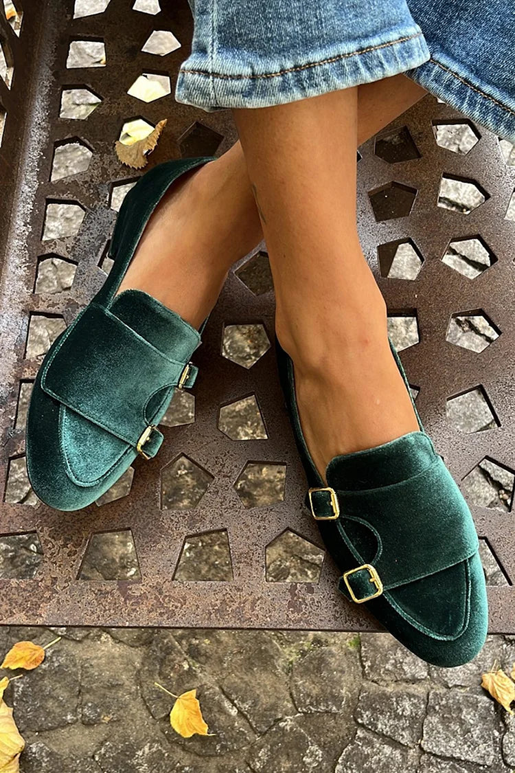 Velvet Double Strap Buckle Patchwork Stitch Detail Flats