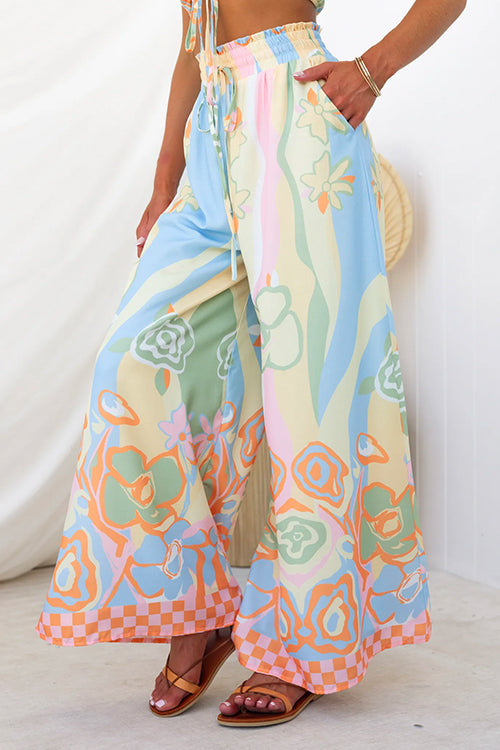 Smocked Drawstring Elastic Waist Printed Wide Leg Palazzo Pants