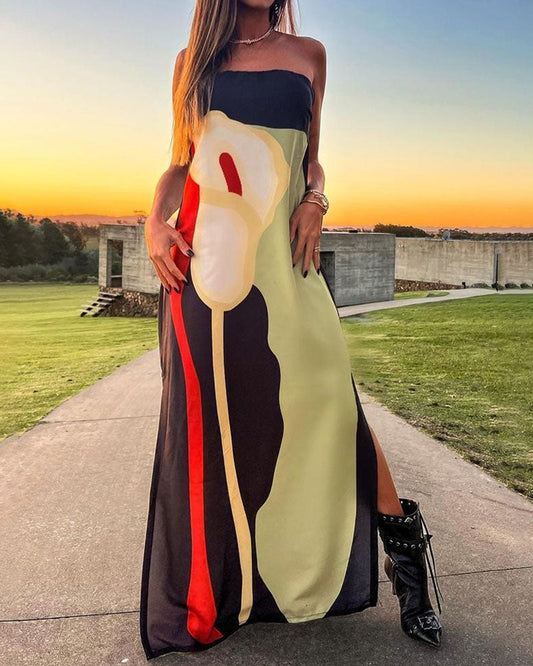 Abstract Floral Art Print Strapless Split Maxi Dress