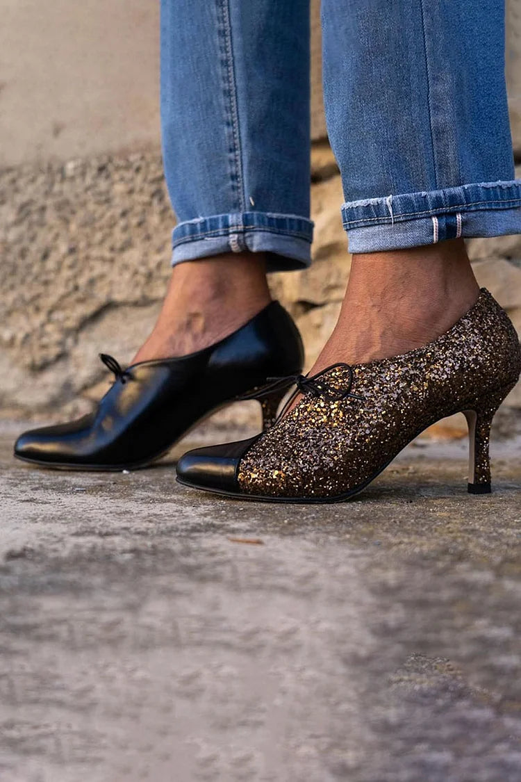 Patchwork Tied Up Round Toe Glitter Stiletto Heels [Pre Order]