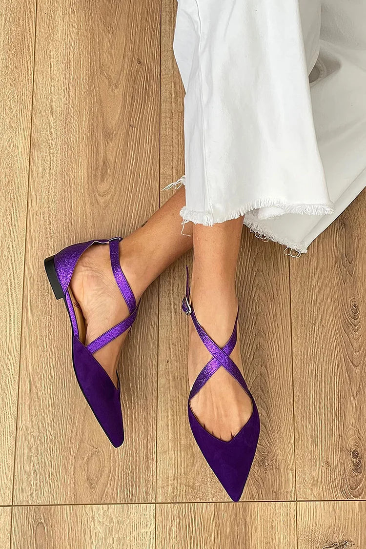 Pointed Toe Glitter Cross Strap Flats
