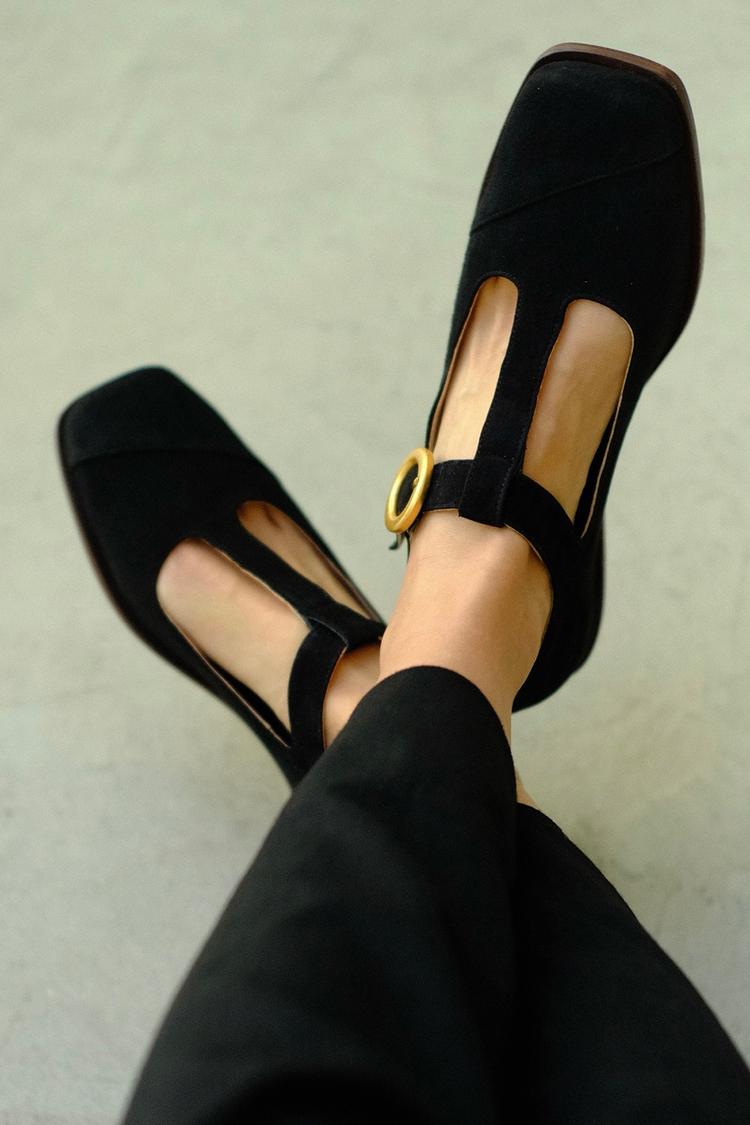 Suede Square Toe T-Strap Buckle Flats [Pre Order]