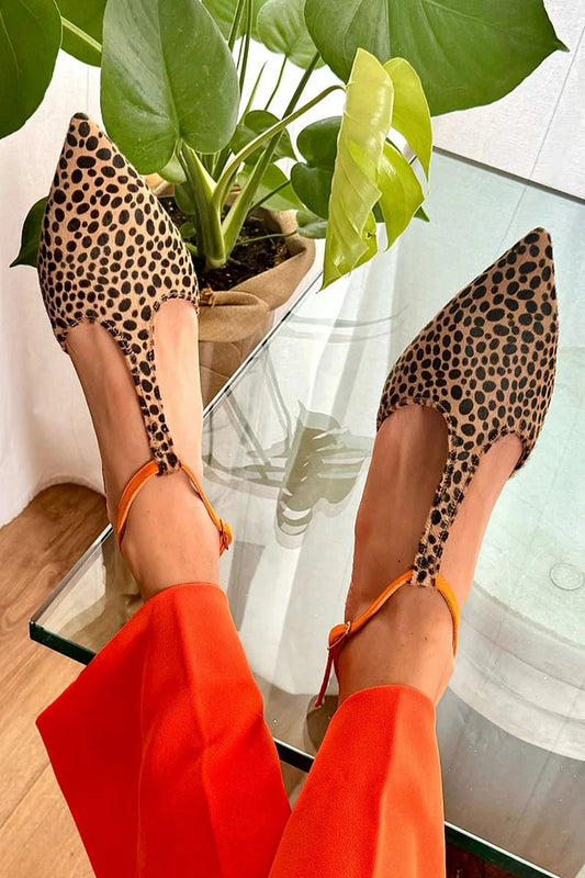 Animal Print Pointed Toe T-Strap Buckle Flats