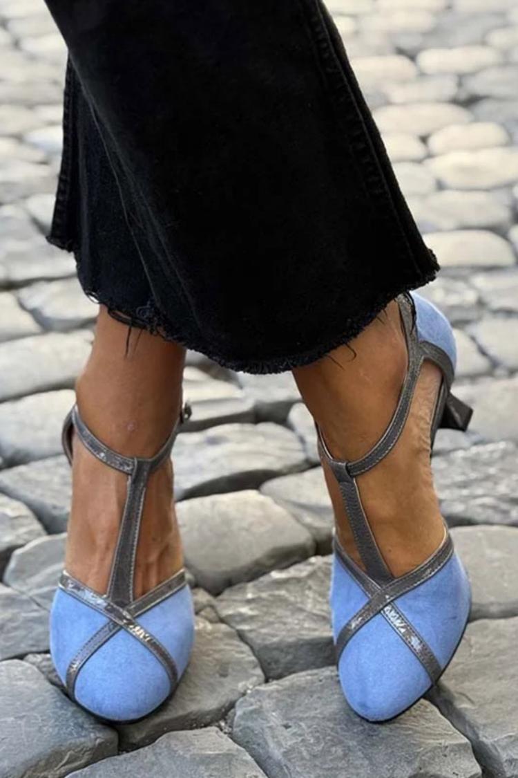 Contrast Binding Patchwork T-Strap Kitten Heel Pumps [Pre Order]