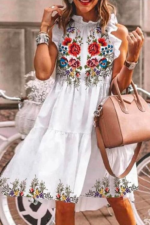 Sleeveless Ruffle Trim Floral Embroidered Tiered Midi Dress