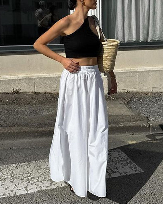 Casual One-Shoulder Top Vented Maxi Skirt Set