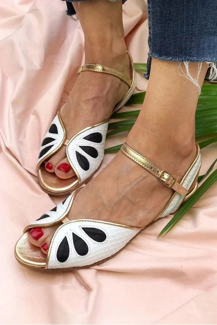 Contrast Binding Drop Shape Toe Strap Peep Ankle Flat Sandals