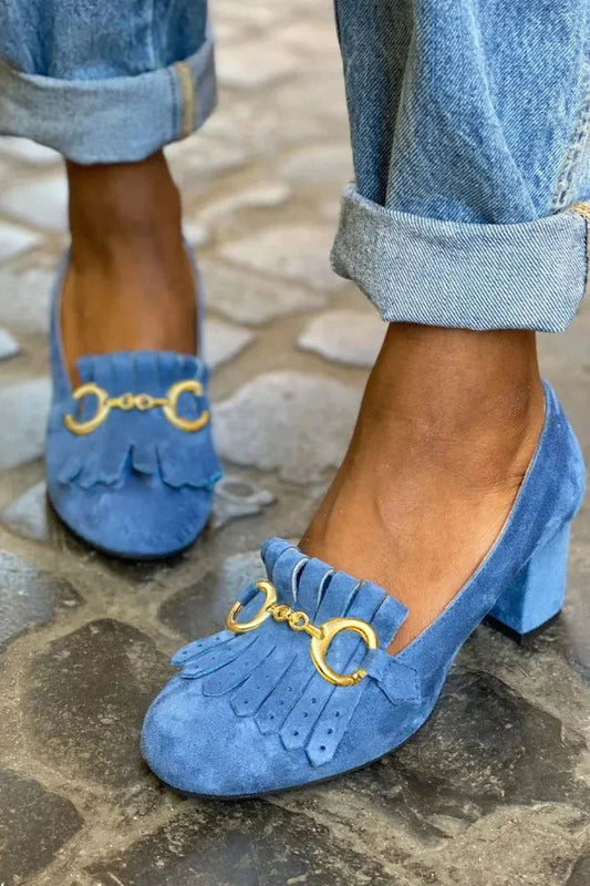 Fringed Metal Hardware Round Toe Block Heel Loafers