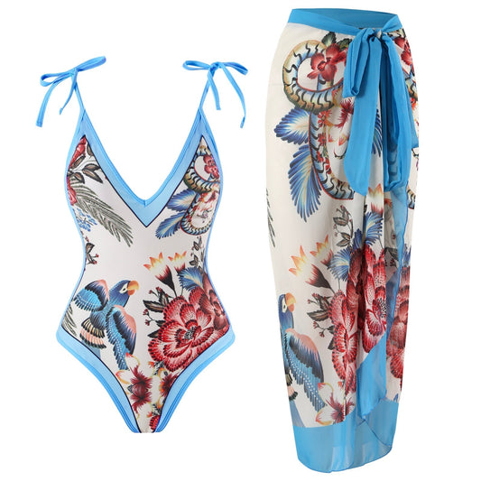 Geblümter tropischer Print V-Ausschnitt Einteiler Badeanzug Sarong Cover-Up Set