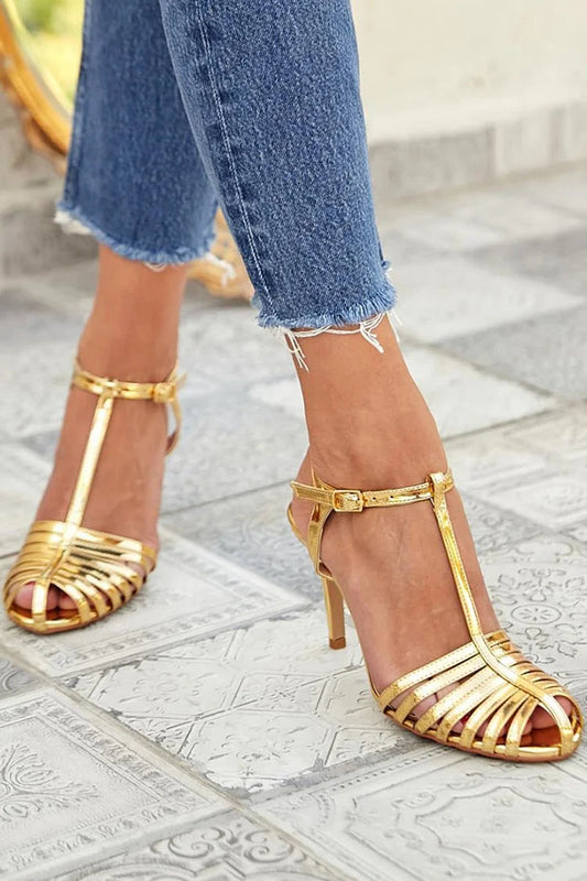 Metallic Sheen Hollow Out T-Strap Buckle Stiletto Heels