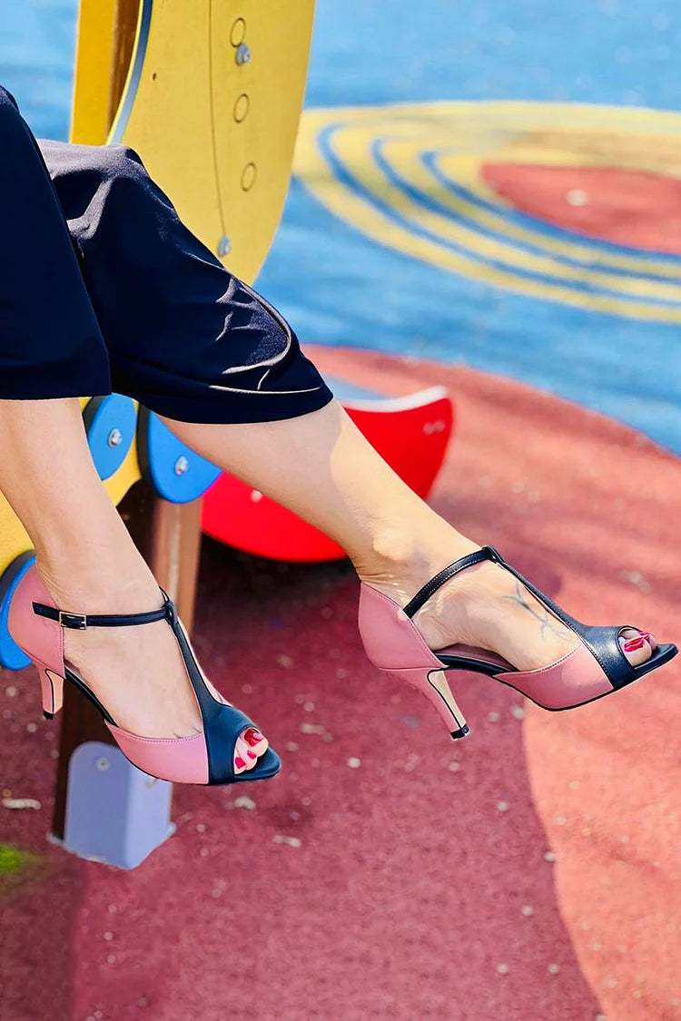 T-Riemen-Schnalle Peep-Toe Colorblock Stiletto-Absätze