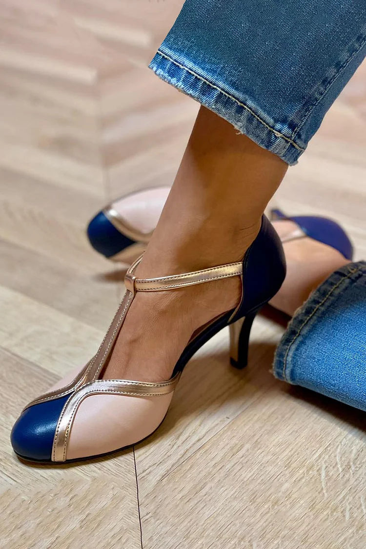 Closed Round Toe T-Strap Stiletto Heels