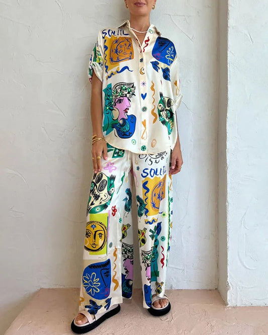 Artistic Graphic Print Button Down Shirt Wide Leg Pants Set