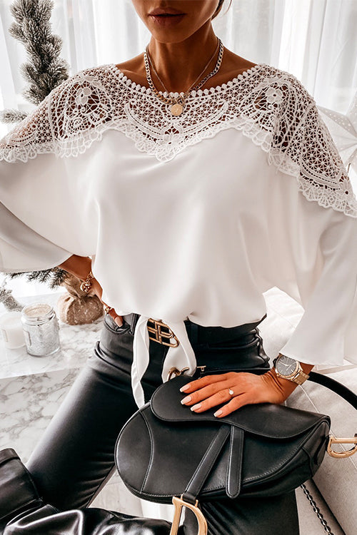 Crewneck Lace Splice Hollow Out Shirt