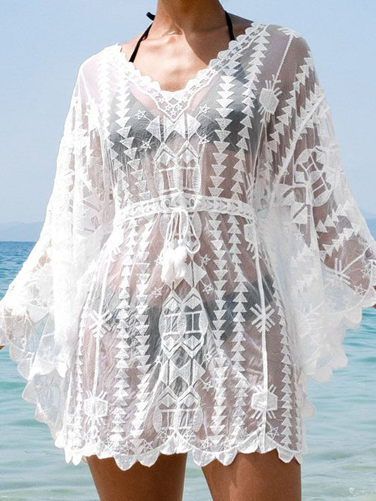 Geometrische Stickerei V-Ausschnitt Kaftan Strandkleid