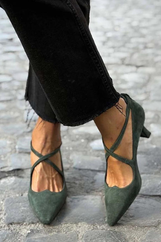 Crossover Strap Pointy Toe Casual Kitten Heels