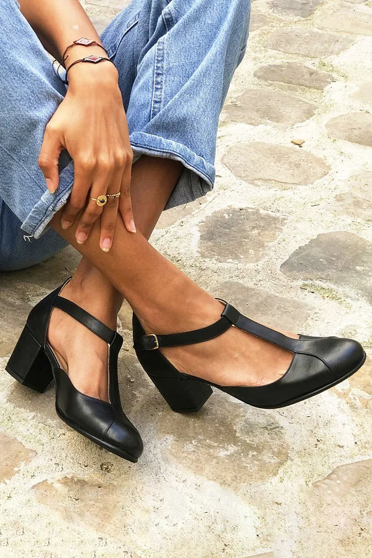 Patchwork T-Riemen Schnalle Chunky Heels