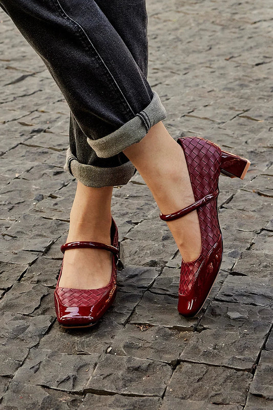 Woven Metallic Buckle Mary Jane Square Toe Chunky Heels