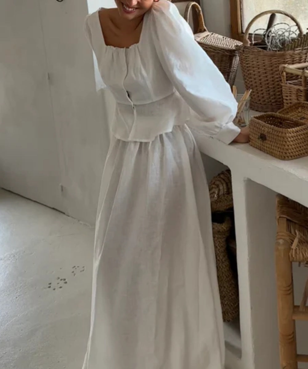 Two Piece Square Neck Long Sleeve Peplum Top Maxi Skirt Set
