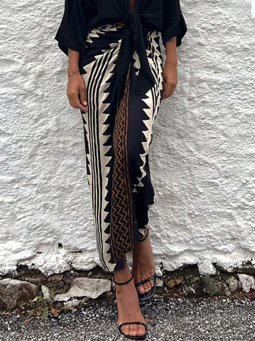 Ethnic Print High Waist Ruched Wrap Maxi Skirt
