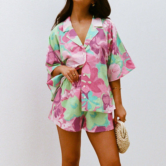 Abstract Print Notch Lapel Short Sleeve Shirt and Shorts Two-Piece Set