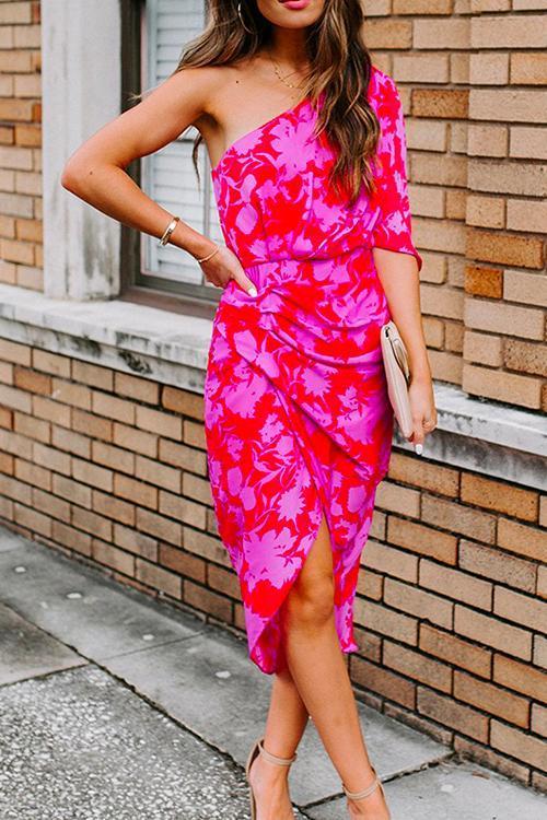 Vestido Midi com Bainha Tulipa Estampado de Um Ombro Só