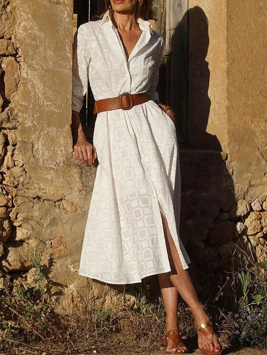 Geometric Print Belted Button Pocket Long Sleeve Midi Dress