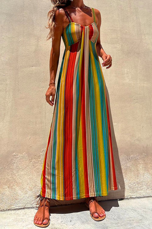 Spaghetti Strap Sleeveless Bow Design Striped Maxi Vacation Dress