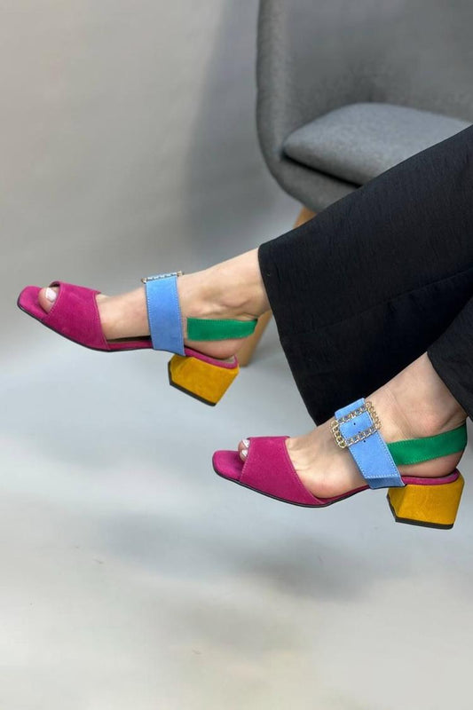 Multicolor Instep Strap Buckle Square Toe Fuchsia Chunky Heels [Pre Order]