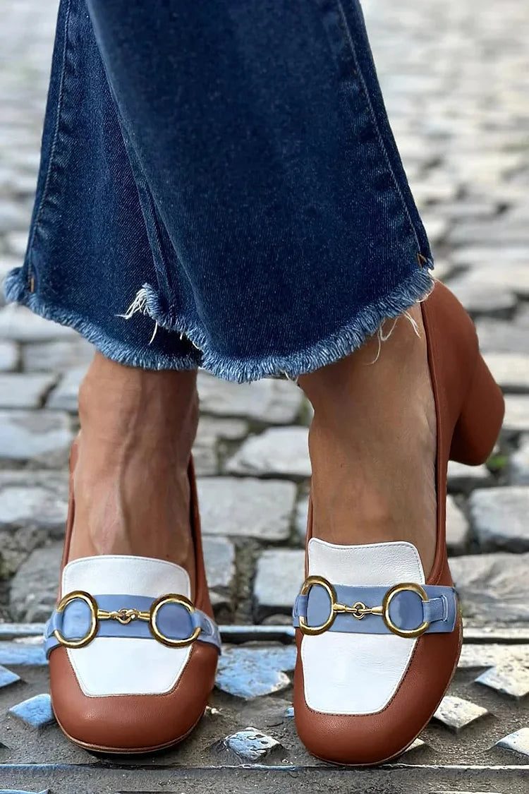 Metallic Buckle Decor Square Toe Chunky Heels