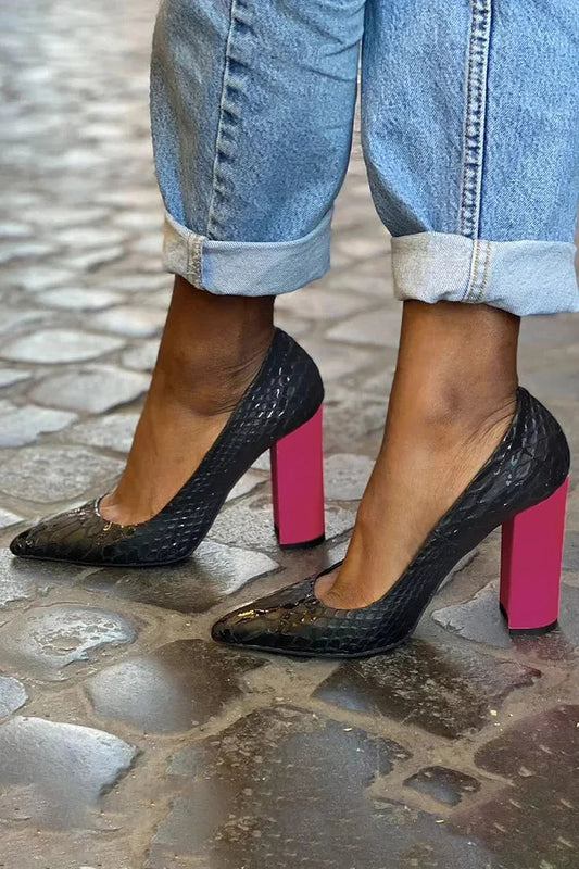 Snake Print Pointy Toe Slip On Chunky Heels