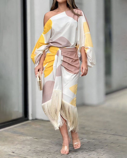 Abstract Print One Shoulder Lantern Sleeve Top Fringed Hem Skirt Set
