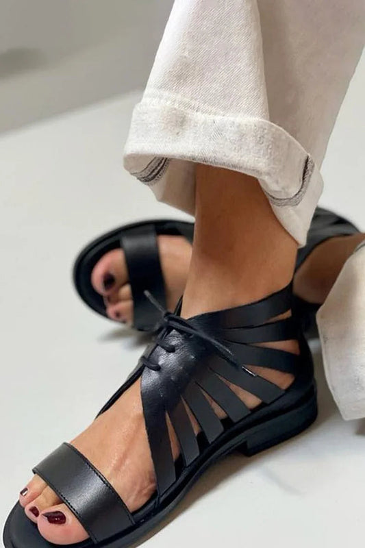 Hollow Out Lace Up Round Toe Flat Sandals