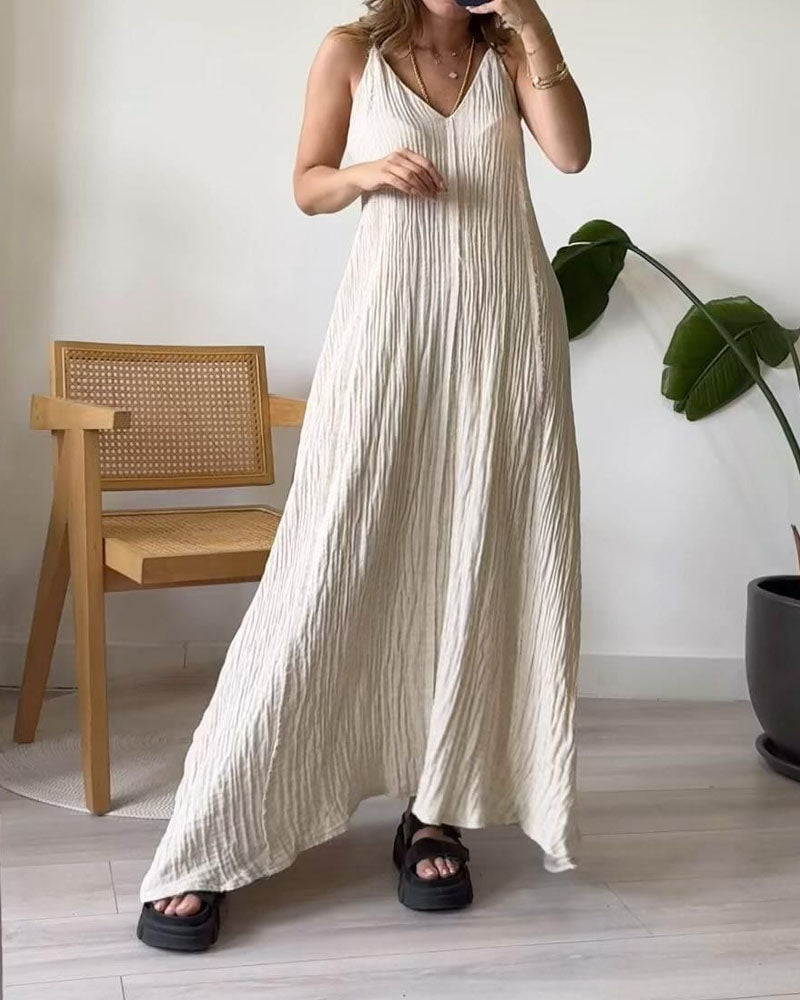 Casual V-neck Pleated Maxi Sling Dress