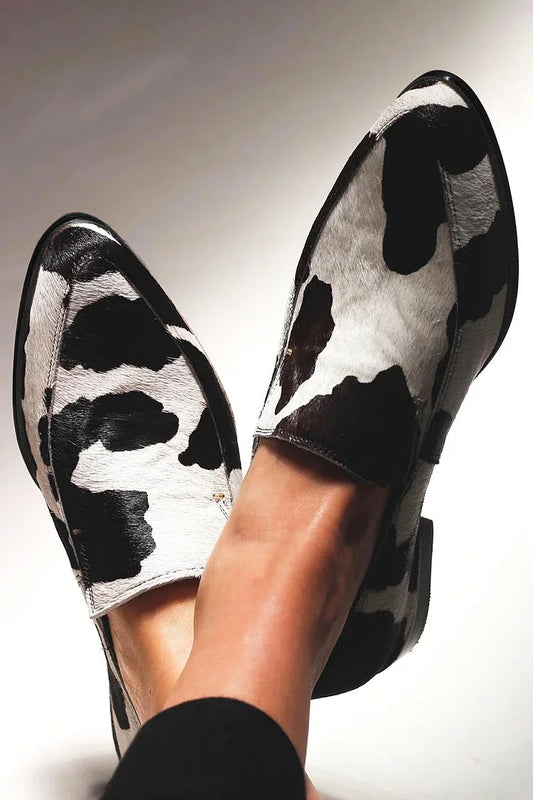 Cow Print Pointed Toe Genuine Cowhide Leather Casual Flat Loafers