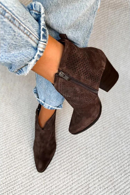 Hollow Out Patchwork Zipper Pointed Toe Heel Boots [Pre Order]