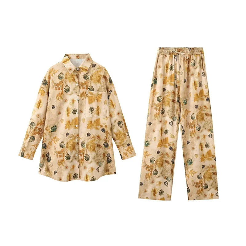 Retro printed shirt two-piece set