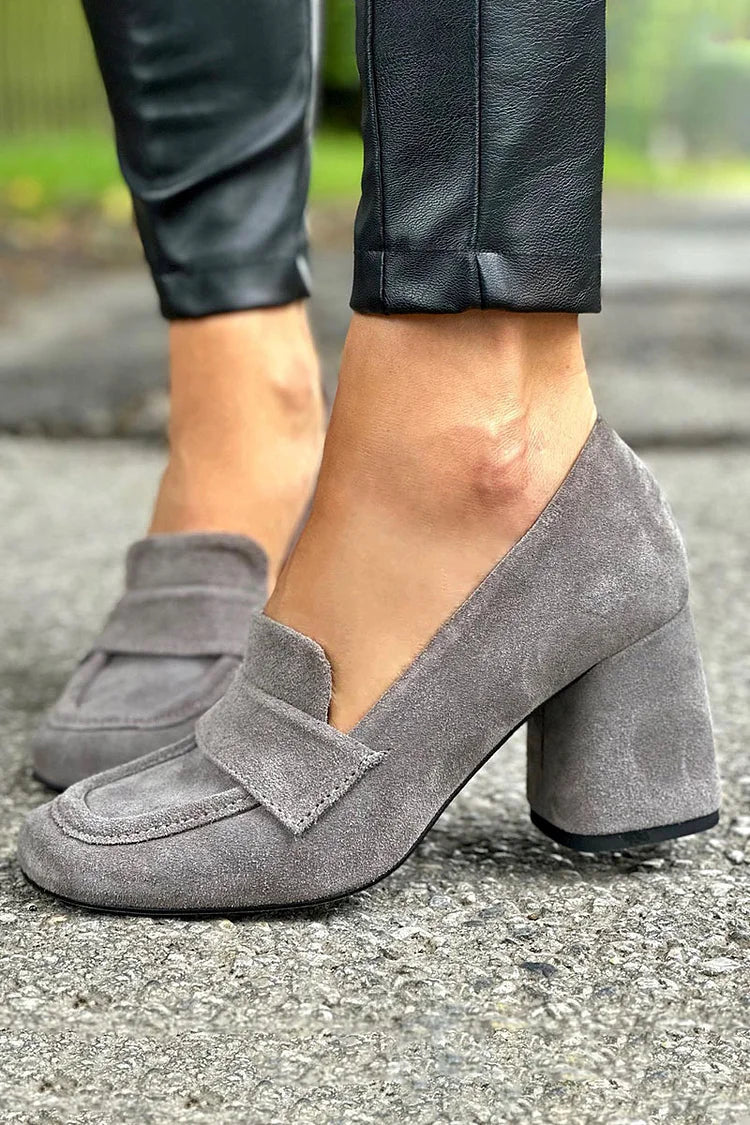 Square Toe Faux Suede Retro Chunky Heel Loafers
