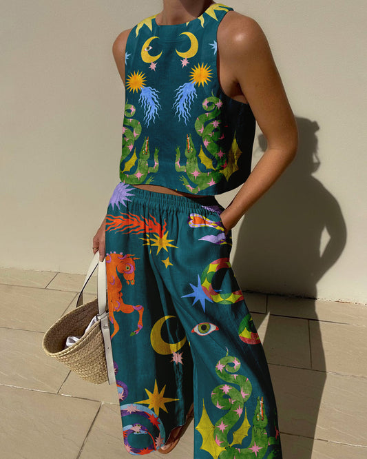 Abstract Graphic Crew Neck Crop Top And Wide Leg Pants Set