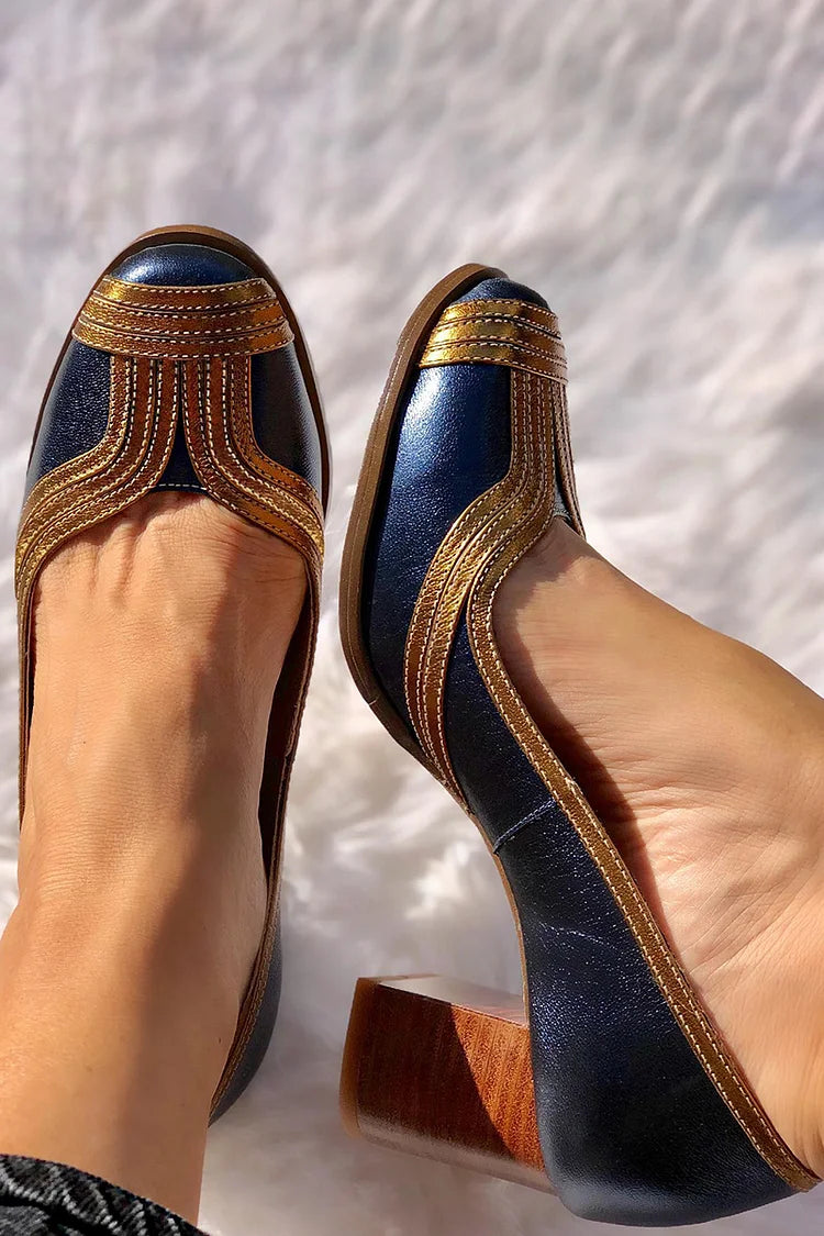 Elegant Patchwork Stitch Detail Round Toe Block Heels