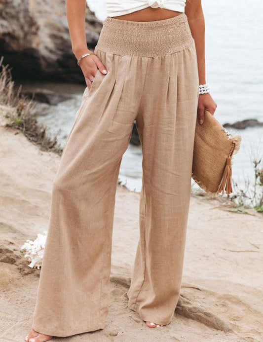 Pantalones de lino de pierna ancha plisados con cintura fruncida
