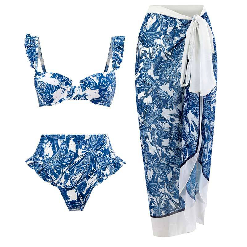 Ruffle Trim Underwire Bikini High Waisted Bottom Wrap Skirt Set