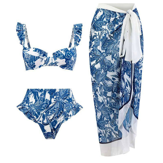 Bikini-Set mit Rüschen, Bügel-Oberteil, hoher Taille und Wickelrock