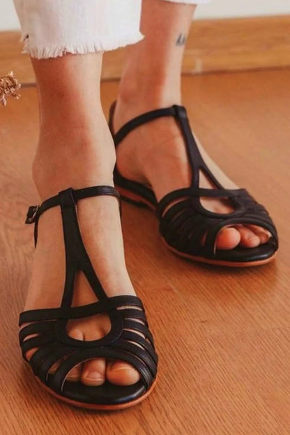 Hollow Out Solid Color Peep Toe Black Sandals