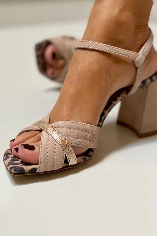 Patchwork Peep Toe Ankle Strap Chunky Heels